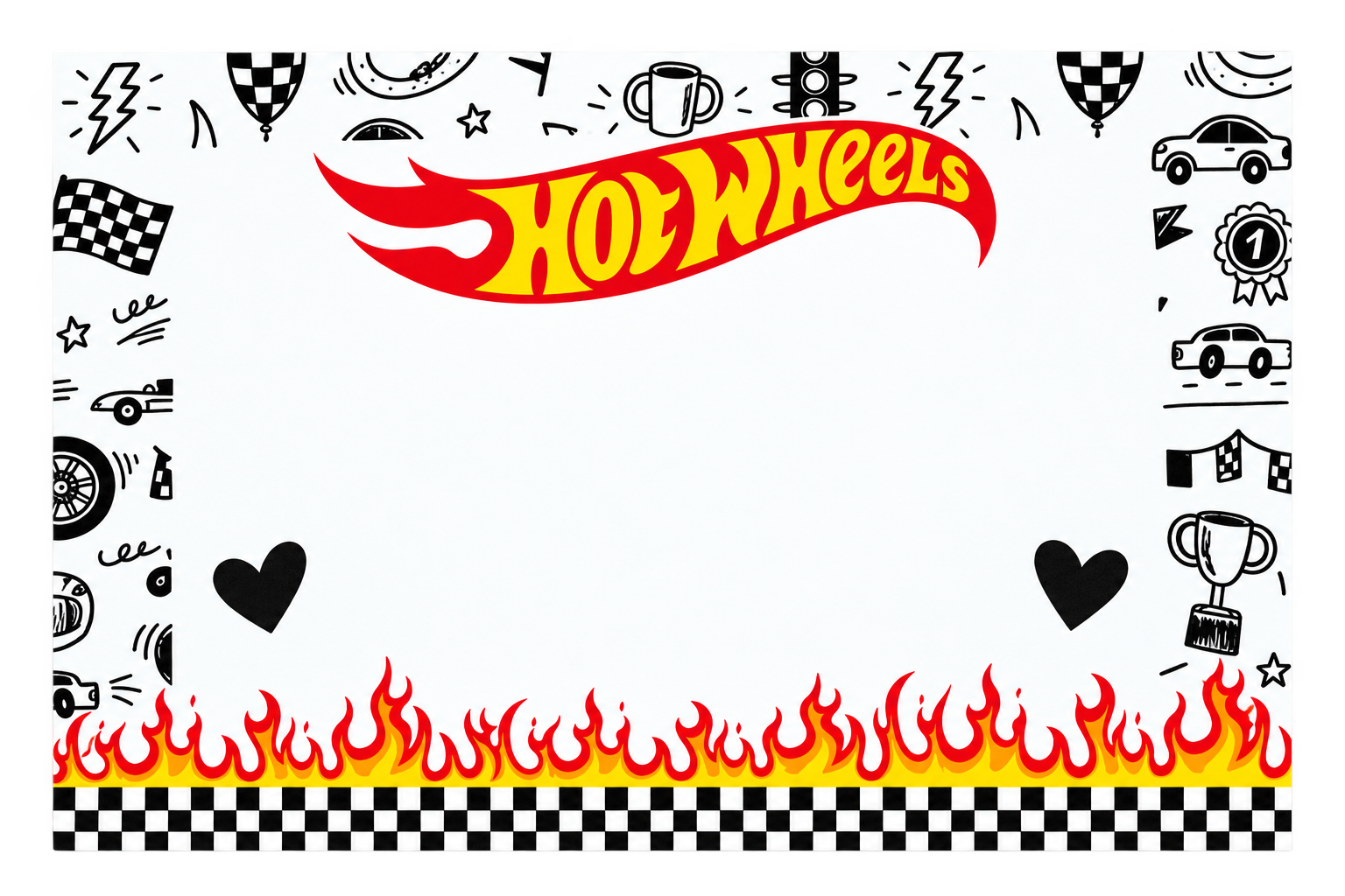 Tarjeta Hot Wheels blanca con corazones, dibujos, llamas y cuadros.